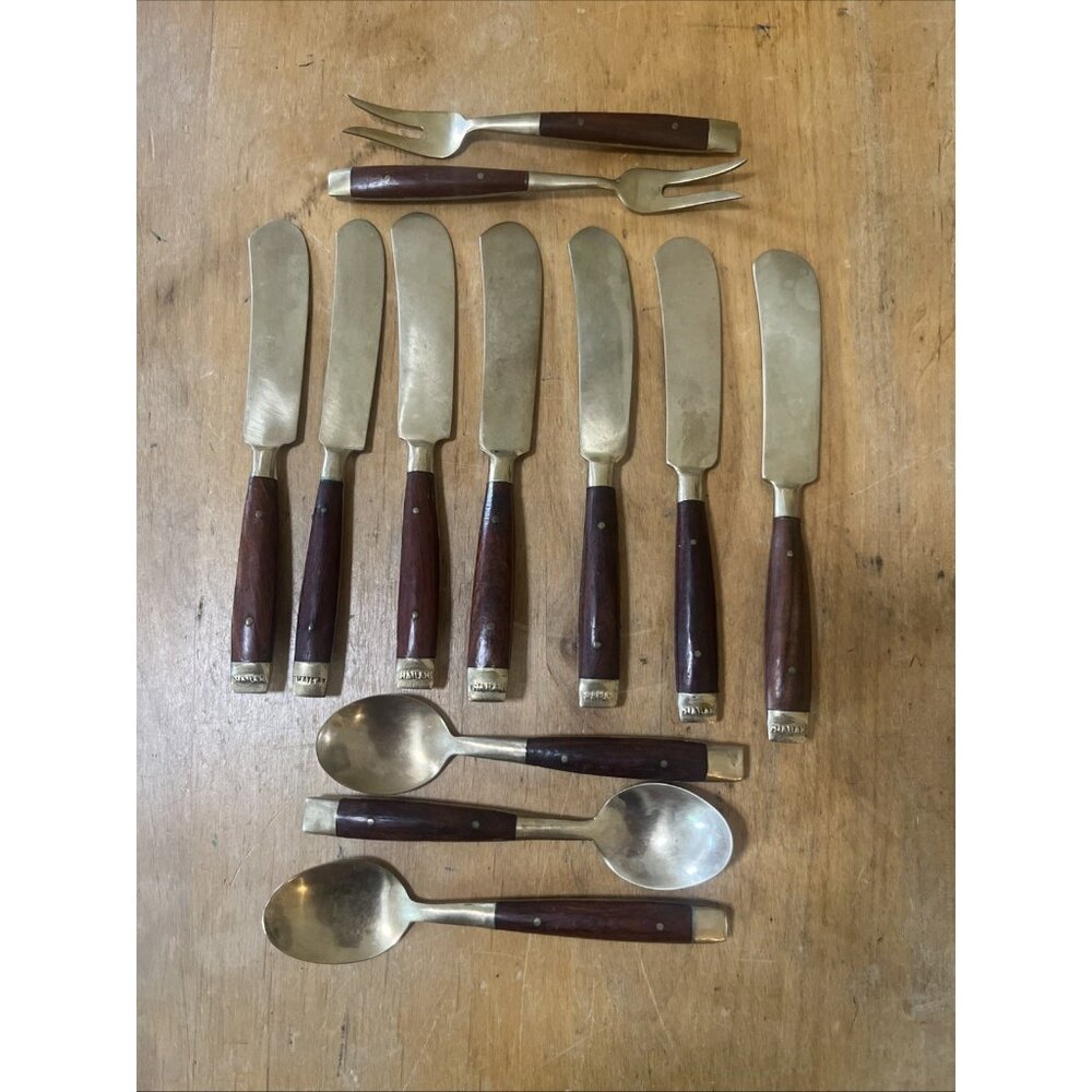 Thai Bronze w teak Or Rosewood handles 2 Forks 7 Knives 2 Spoons Appetizer Set